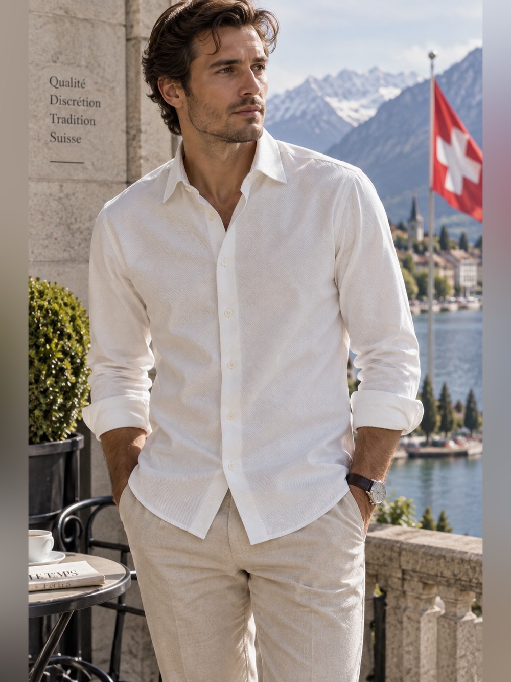 BRÜLI Swiss Made White Textured Luxury Button Down Shirt Mens Dress Shirt